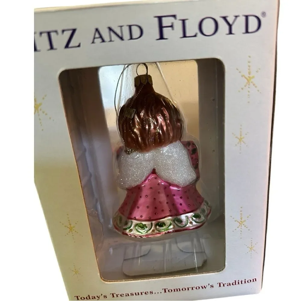 Fitz and Floyd Glass Pink Girl Angel Ornament Holiday Christmas 5” Tall ~ 2004